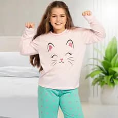 Pijama Infantil Feminino Inverno Conjunto Calça e Blusa de Frio para Menina Gatinha Brilhante
