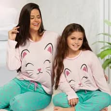 Kit 2 Pijamas de Inverno Conjunto Mãe e Filha Longo Calça e Blusa de Frio Adulto e Infantil Cat Love