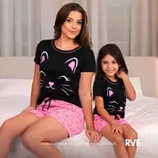Kit 2 Pijamas Conjunto Mãe e Filha Baby Doll Black Kitten Feminino Adulto e Infantil Confortável POP