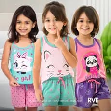 Pijama Infantil Baby Doll Menina Conjunto Feminino Verão Kit Confort Personagem Bichinhos Fofinhos