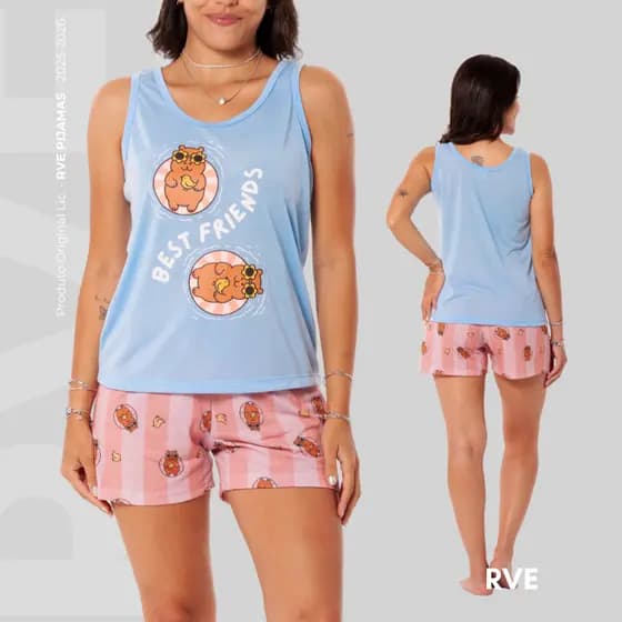 Pijama Feminino Curto Blogueira Verão Capivara Conjunto Short Blusa Baby Doll Short Doll Confort Master