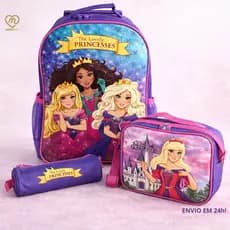Mochila De Rodinha Princesa Infantil Com Lancheira Térmica E Estojo Roxa Kit Completo