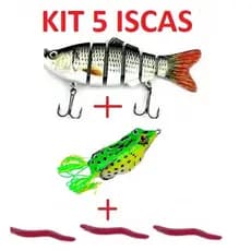 kit 5 iscas artificiais 1 lambari articulado 10cm 16g + isca frog 4cm 5g + 3 isca minhoca 3cm