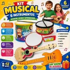 Kit Musical Brinquedo 6 Instrumentos Tambor Grande Violão pandeiro GaIta Tamborzinho Infantil Viola