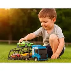 Caminhãozinho caminhão cegonha de brinquedo com 3 carinhos infantil para brincar imaginação azul