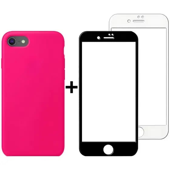 Kit Capinha Rosa Choque e Película Transparente para Iphone 7, Iphone 8 e Iphone SE Case Fechada nas Laterais Silicone