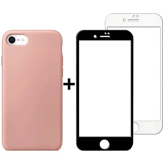 Kit Capinha Rosa Pastel e Película Transparente para Iphone 7, Iphone 8 e Iphone SE Case Fechada nas Laterais Silicone