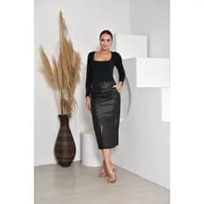 Saia Feminina Midi Do Couro Com Fenda Alta Qualidade, Moda Em Tendencia.