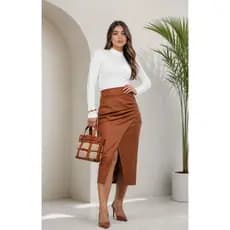 Saia Couro Midi Fake Transpassada Femenina Moda Evangelica, Elegante Com Fenda