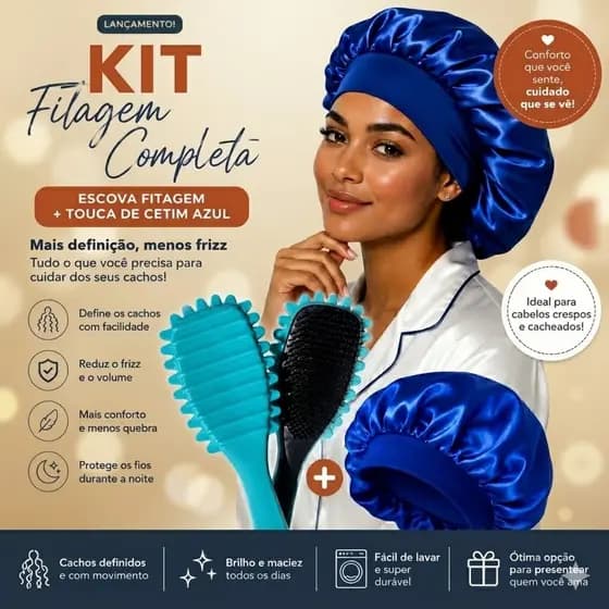 Kit Definição de Cachos Escova Fitagem + Touca Cetim Premium