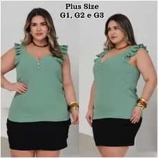 Blusa Regata Feminina Plus Size  Babados nas Alças Decote V e Botões Elegantes