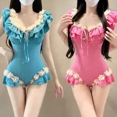 Maiô feminino francês retrô de peça única com babados e design slim para mulheres, ideal para férias na praia, lazer e n
