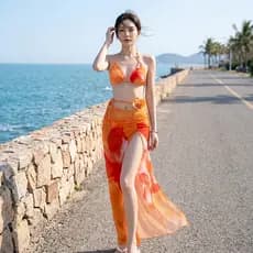 Conjunto de Biquíni Feminino Estampado de Três Peças com Vestido de Saída de Praia para Férias na Praia, Spa, Ilha e Pas