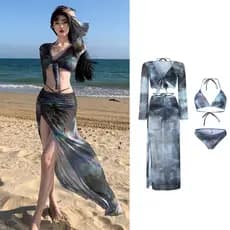Biquíni feminino de quatro peças com saia longa, corte modelador, para férias na praia, nas águas termais, na piscina e