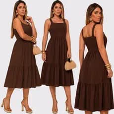 Vestido Mídi Alça Rodado Vestido Moda Cristã Feminino  Casual De Alça Liso