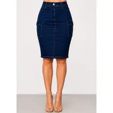 Saia Cargo Jeans Feminina  Mídi Cintura Alta  Bolso Cargo Lateral
