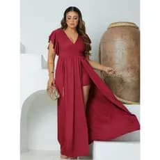 Vestido Longo Decote V com Fenda, Manga Babado e short puro luxo