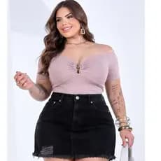 Saia Jeans Curta Plus Size Preta Cintura Alta Destroyed 46 ao 52 Moda Atual