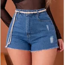Short Jeans Feminino Cintura Alta Premium  com Cinto Trançado Estilo Verão