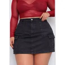 Saia Cargo Jeans Curta Plus Size Cintura Alta com Bolsos Funcionais 46 ao 52 Moderna
