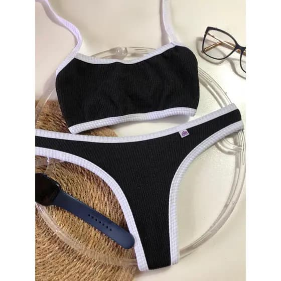 Conjunto Biquíni Feminino Bicolor Canelado Top Faixa Sem Bojo Asa Delta Moda Verão Praia