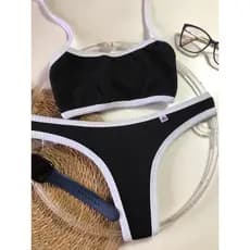 Conjunto Biquíni Feminino Bicolor Canelado Top Faixa Sem Bojo Asa Delta Moda Verão Praia