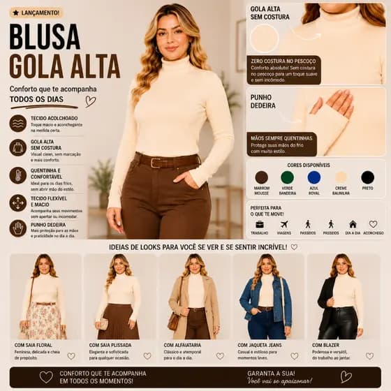 Blusa Feminina Confortável para o Inverno - Gola Alta Quentinha