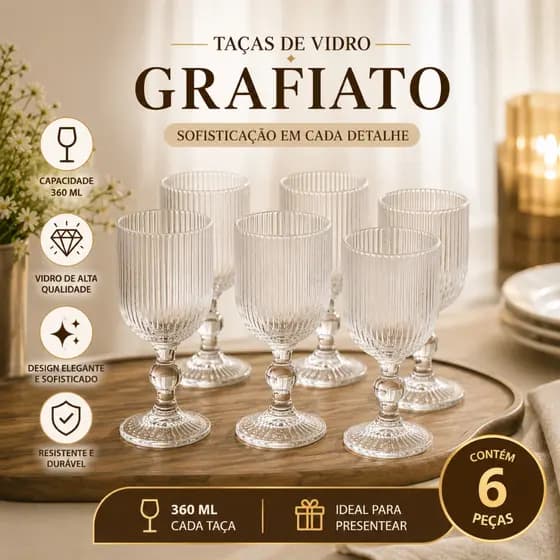 Jogo Taça de Vidro Grossa  6 Unidades  Grafiato 360 ML Sofisticada e Elegante