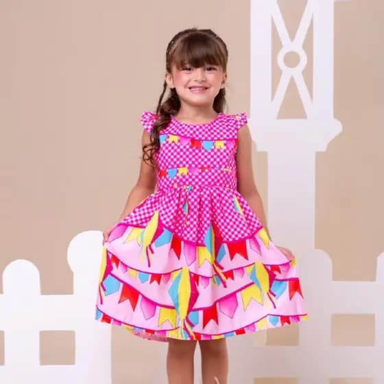 Vestido Infantil Junino Xadrez Quadrilha Festa São João Caipira.