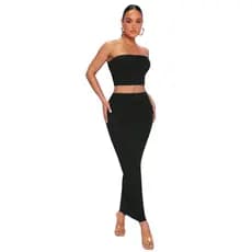 Conjunto Suplex Top Tube Faixa Forrado com Saia Longa Cos Alto Tendencia