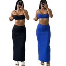Conjunto SUPLEX Saia Longa GRINGA Top Cropped Curto Drapeado Alça