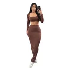 Conjunto Decotado Cropped Manga Longa SUPLEX Saia longa Top de Frio Inverno