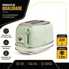 TORRADEIRA ARIETE ELÉTRICA VINTAGE 2 FATIAS 6 NIVEIS DE TOSTAGEM VERDE 750W 220V 00C015514ARBR