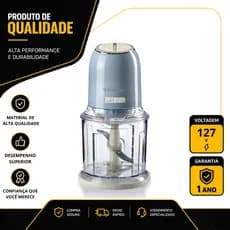 TRITURADOR DE ALIMENTOS ARIETE VINTAGE COM 2 VELOCIDADES 400W EM AÇO INOX AZUL 127V 00C04380FARBR