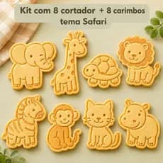 kit 8 cortador + 8 carimbo marcador | molde tema safari para biscoitos, massinha, infantil