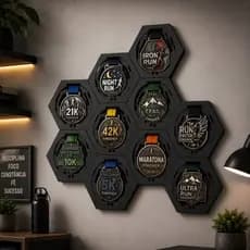 Porta Medalhas Modular Hexagonal MDF 3mm Organizador de Medalhas Decorativo Parede Academia Corrida Esportes