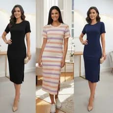 Vestido longo listrado e Liso Vestido Midi Vestido feminino Casual Tecido Confortável Viscolycra