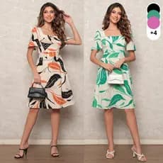 Vestido Estampado Midi Manga Bufante Vestido Confortável Elegante Moda Sofisticado C/Lastex  C/Forro