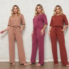Conjunto Moletinho  Feminino Com Blusa e Calça Look Confortável de Inverno Blusa + Calça C/Elástico