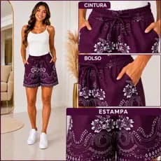 Short Feminino Moda Verão Crepe Estampado e Liso Com Bolsos Cintura Alta com Elástico Casual Casual