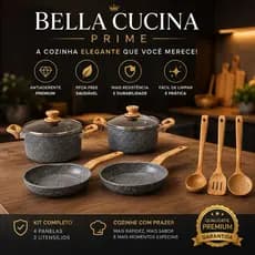 Kit 4 Panelas Antiaderente Bella Cucina Prime Com Tampa e Utensílios Premium