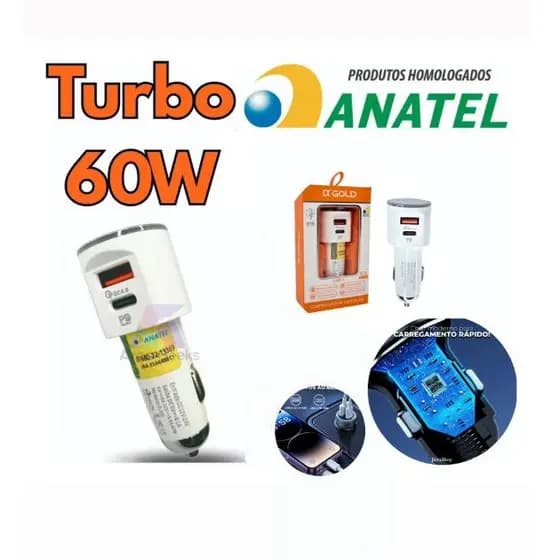 Carregador Veicular Turbo 60W 9.1A USB + Tipo C 2 Portas Carga Rápida 12V/24V Para Android e iPhone