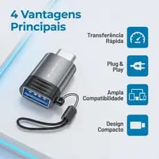 Adaptador OTG USB Tipo C Premium USB 3.0 Preto Alta Velocidade 5Gbps para Celular Android Notebook e Acessórios