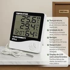 Medidor Digital de Temperatura e Umidade com Sensor Externo Relógio LCD Para Casa Estufa Escritório