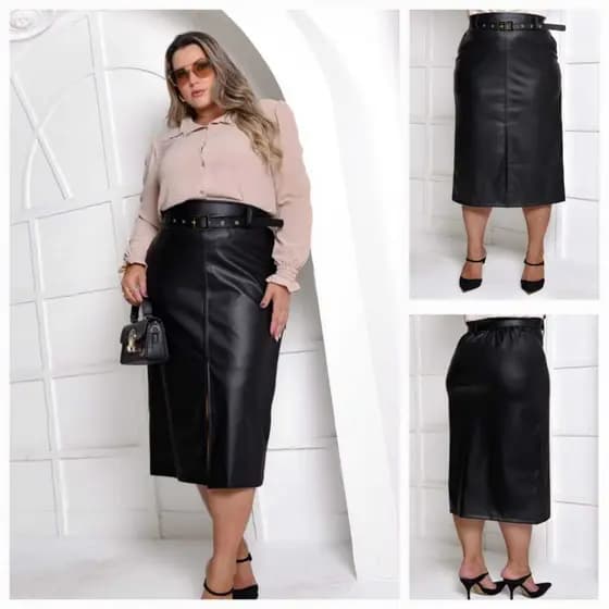 Saia Feminina de Couro Longa Lisa Midi Plus Size corte Frontal