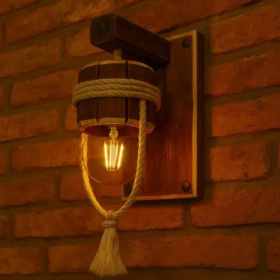 Luminária Vertical De Parede Arandela Rústica Madeira Bivolt Sisal Entrelaçado Víntage Industrial