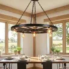 Lustre Pendente Com Corrente De Teto Luminária Roda De Carroça Rústica Antiga Estilo Casa De Campo