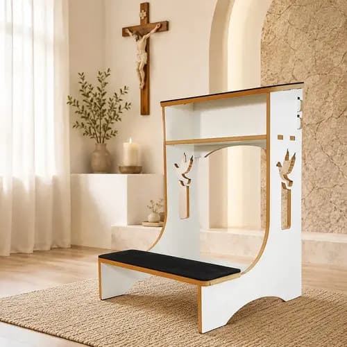 Móvel Devocional Genuflexório Cantinho Oração Ajoelhador Oratório Mdf Portátil Branco + EVA Preto Conforto Braços