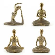Kit 04 Estátuas De Ioga Decorativa Dourada Brilhante Escultura De Resina Para Sala Quarto Em Posição Meditação Alongando