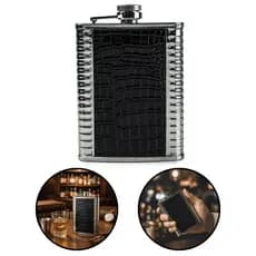 Cantil De Bolso Feito Em Aço Inox Couro Whisky Porta Bebida Frasco Grande Portátil Resistente Compacto Elegante 250ml